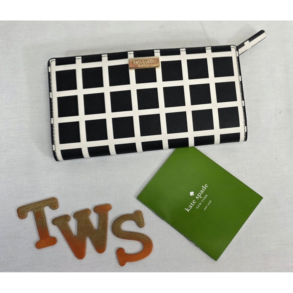 Kate Spade New York Bifold Wallet Black White Grid Saffiano Leather Slim Wallet